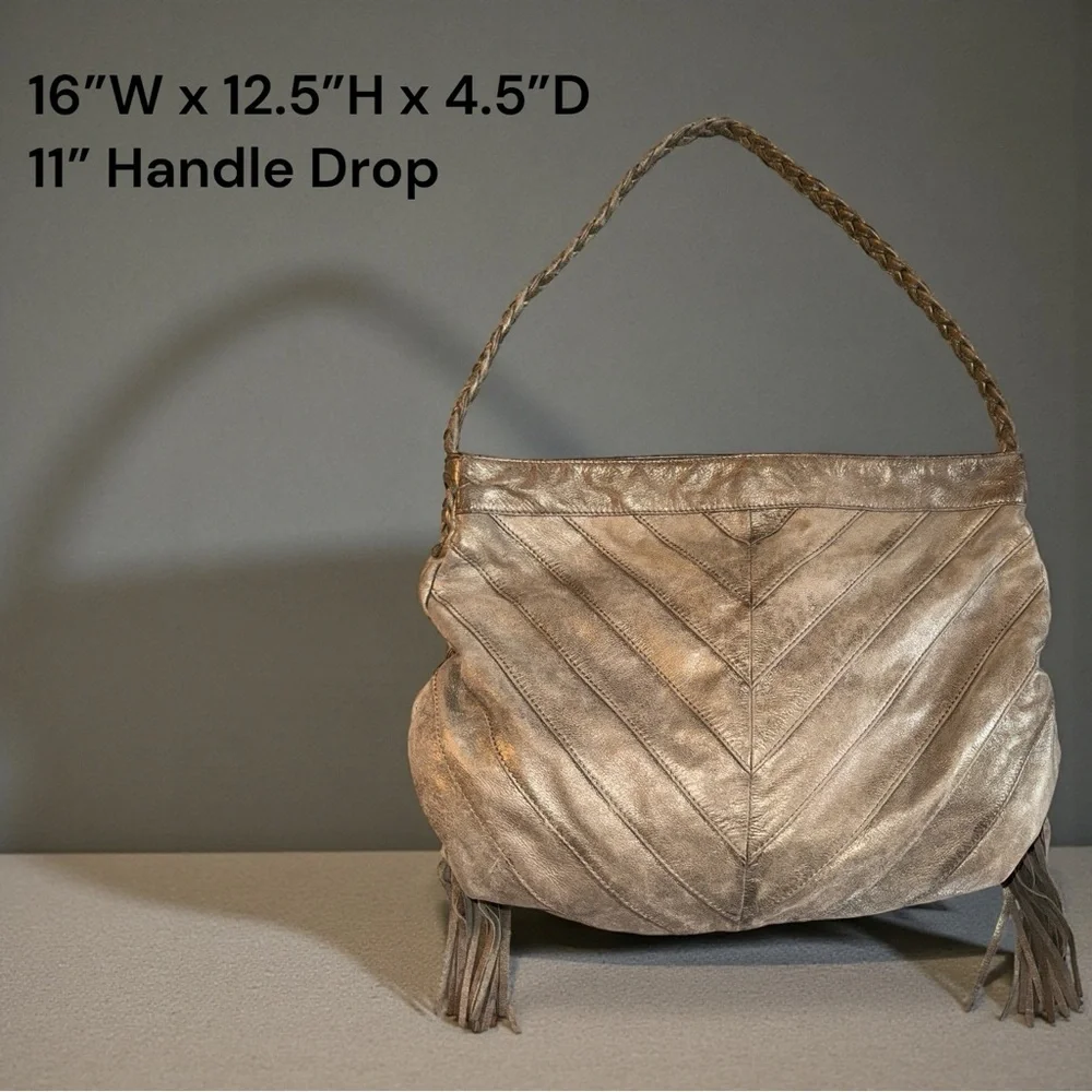 Fossil Pewter Metallic Leather Braided Hobo Shoulder Bag Tassels Magnetic Close